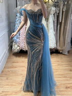 Luxury Blue Beaded One Shoulder Mermaid Evening Dress CLA73425
