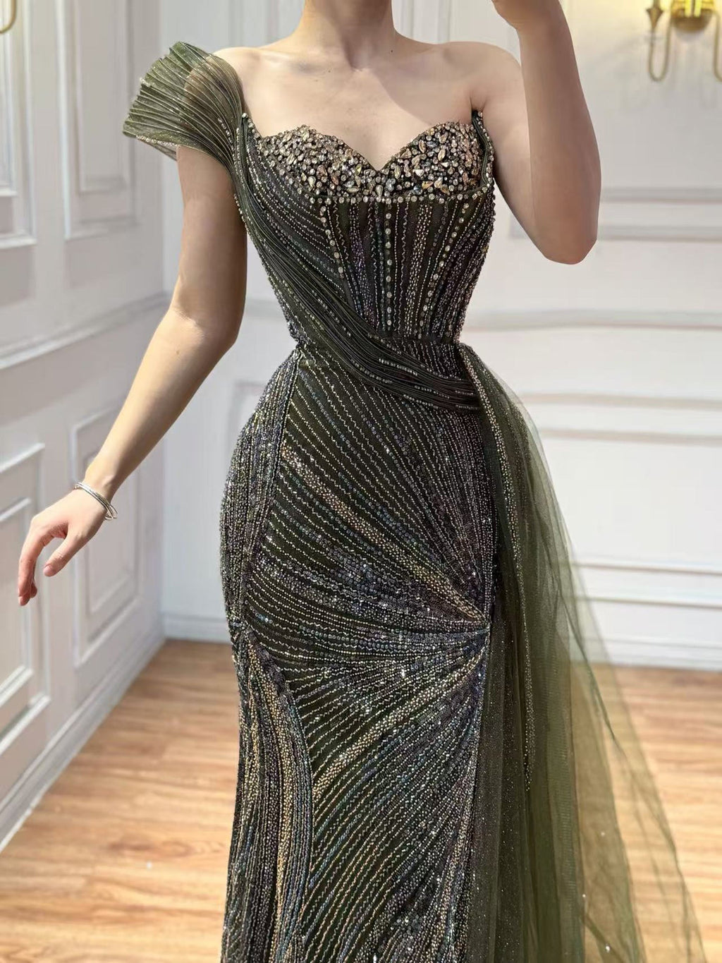 Luxury Blue Beaded One Shoulder Mermaid Evening Dress CLA73425