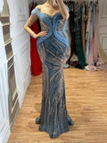 Luxury Blue Beaded Mermaid Evening Dress CLA73425A