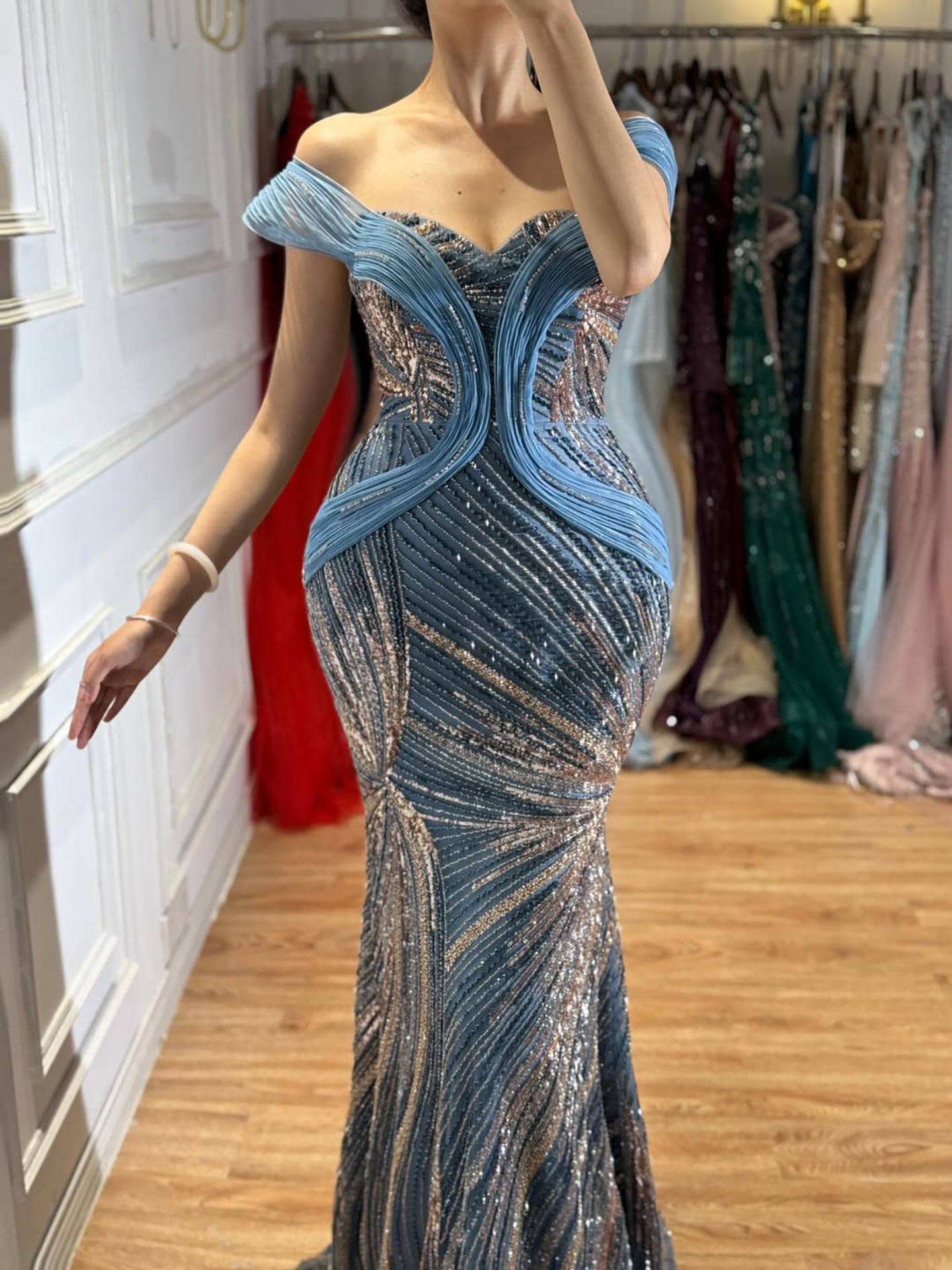 Luxury Blue Beaded Mermaid Evening Dress CLA73425A