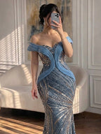 Luxury Blue Beaded Mermaid Evening Dress CLA73425A