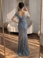 Luxury Blue Beaded Mermaid Evening Dress CLA73425A