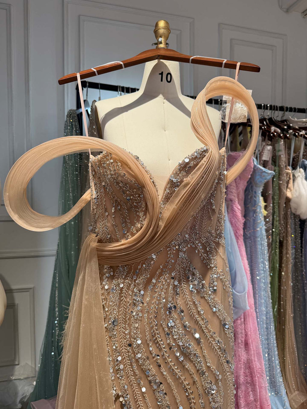 Luxury Nude Sequin Beaded Mermaid Dress With High Slit LA73425B