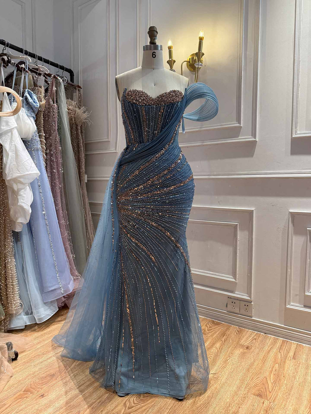 Luxury Nude Sequin Beaded Mermaid Dress With High Slit LA73425B