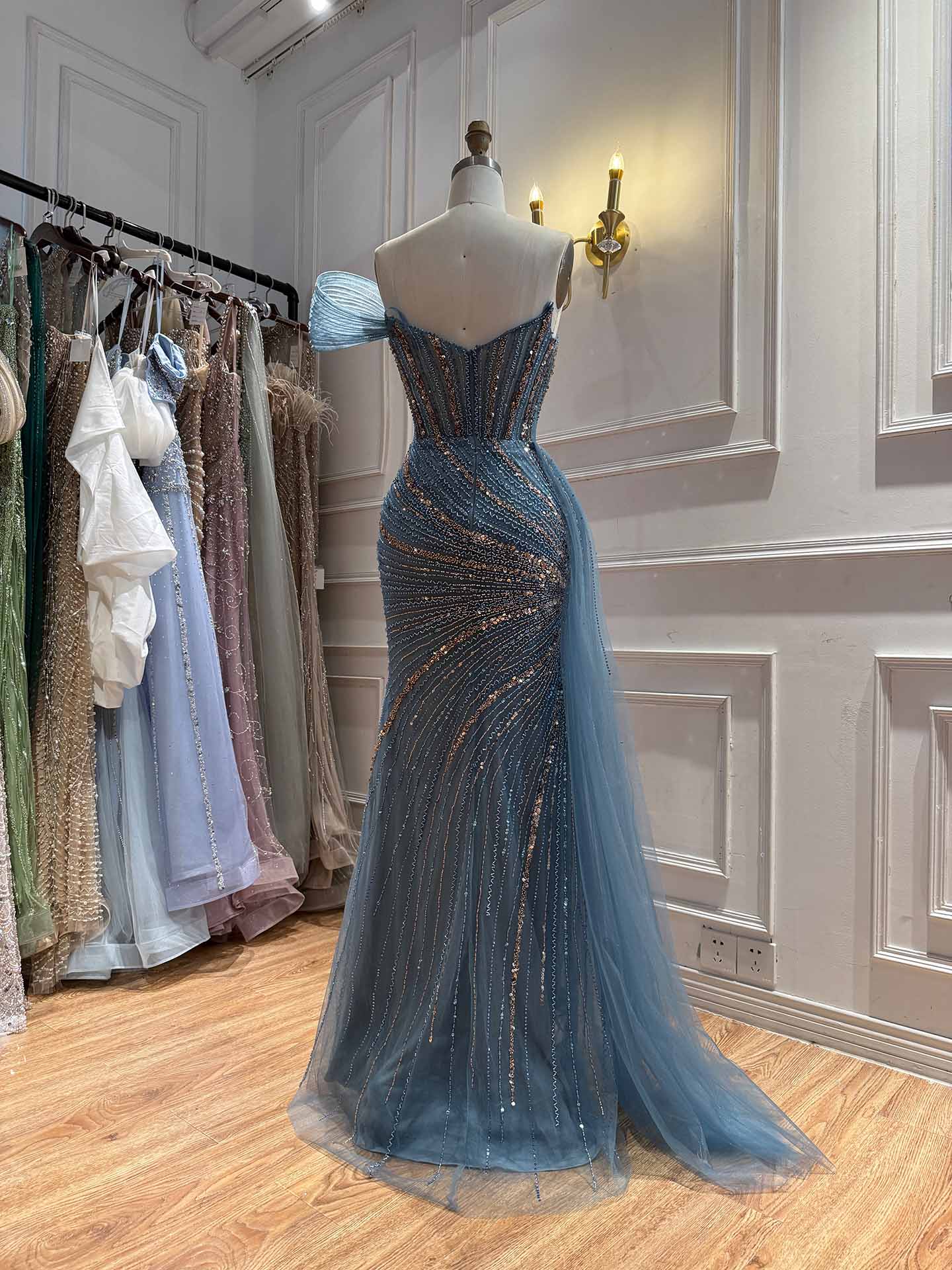 Luxury Nude Sequin Beaded Mermaid Dress With High Slit LA73425B