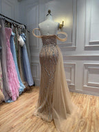 Luxury Nude Sequin Beaded Mermaid Dress With High Slit LA73425B