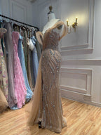 Luxury Nude Sequin Beaded Mermaid Dress With High Slit LA73425B