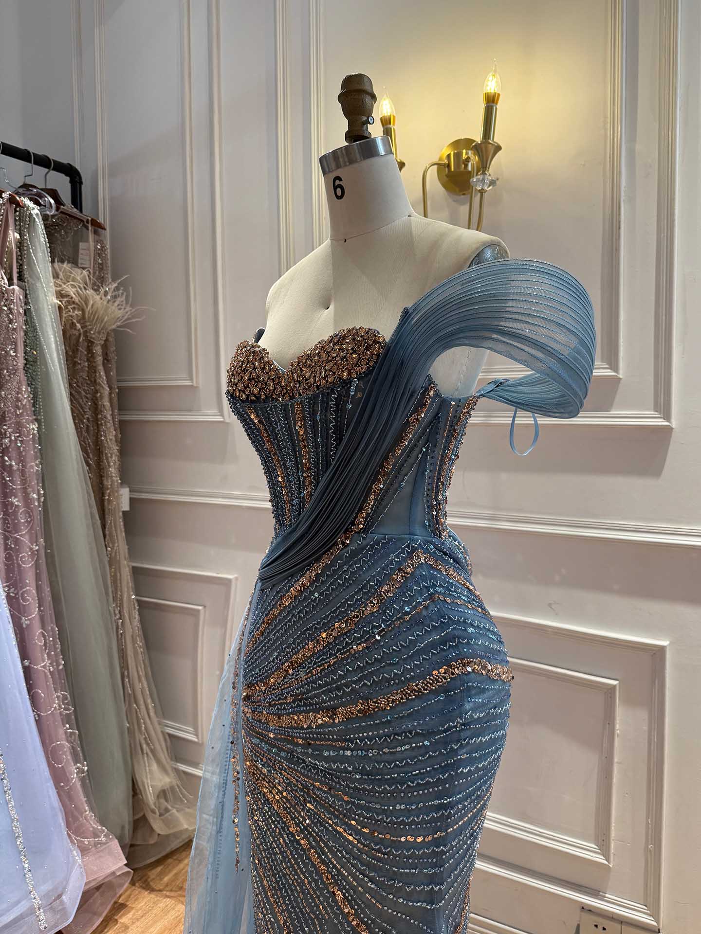 Luxury Nude Sequin Beaded Mermaid Dress With High Slit LA73425B