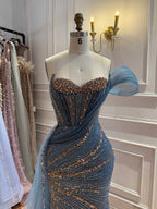Luxury Nude Sequin Beaded Mermaid Dress With High Slit LA73425B