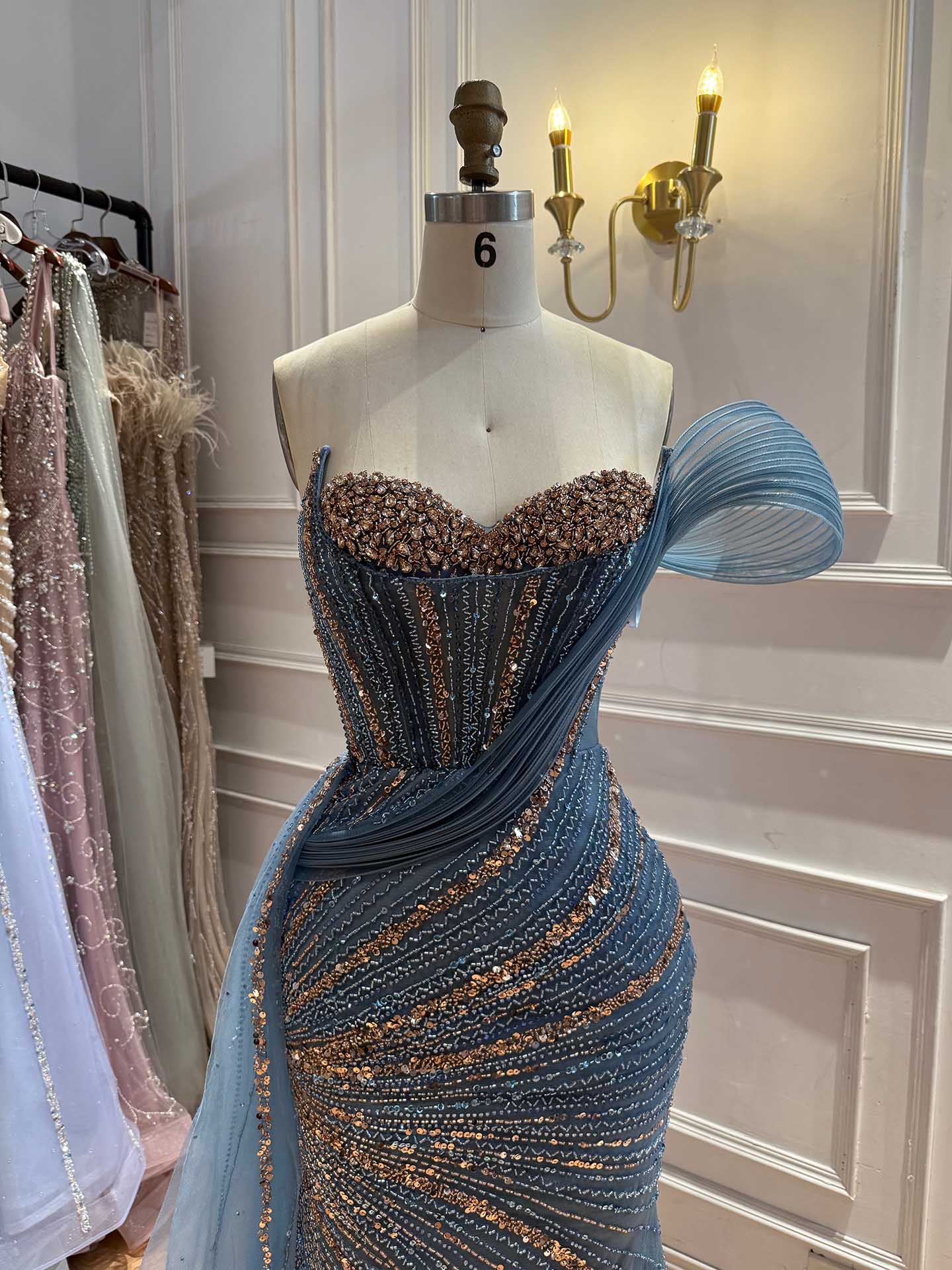 Luxury Nude Sequin Beaded Mermaid Dress With High Slit LA73425B
