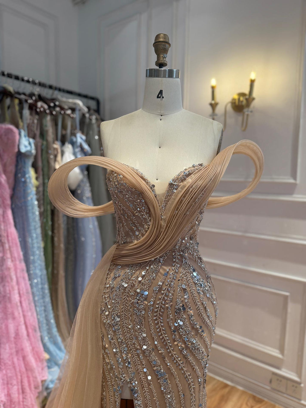 Luxury Nude Sequin Beaded Mermaid Dress With High Slit LA73425B