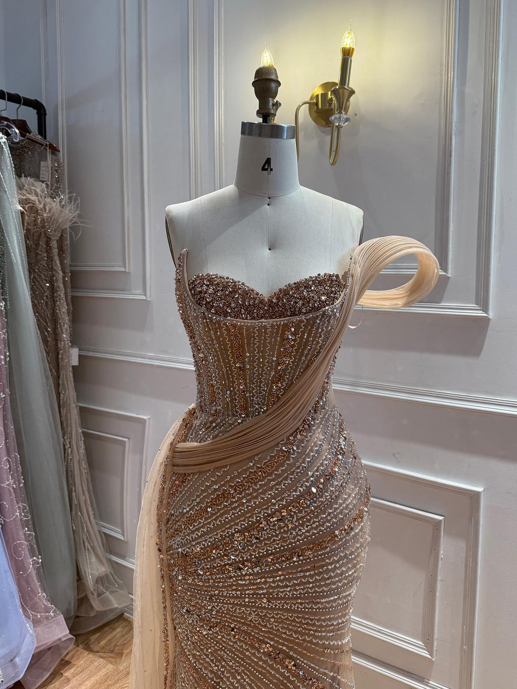 Luxury Nude Beaded Mermaid Evening Dress With Overskirt LA73425B