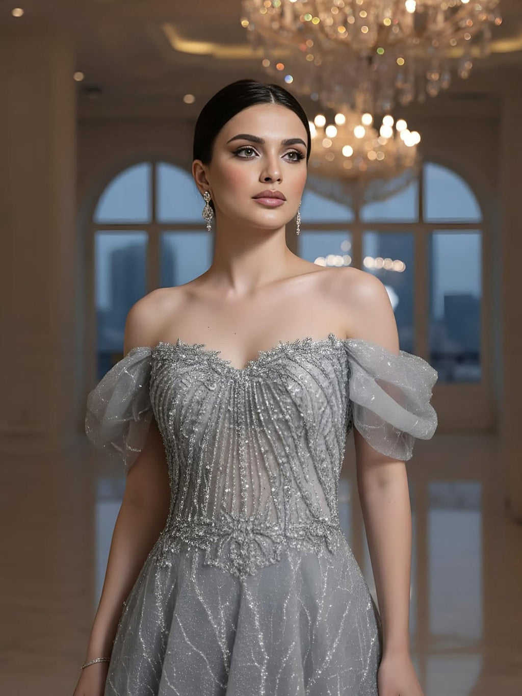 Serene Hill Luxury Grey Beaded A-Line Evening Dress LA73431A