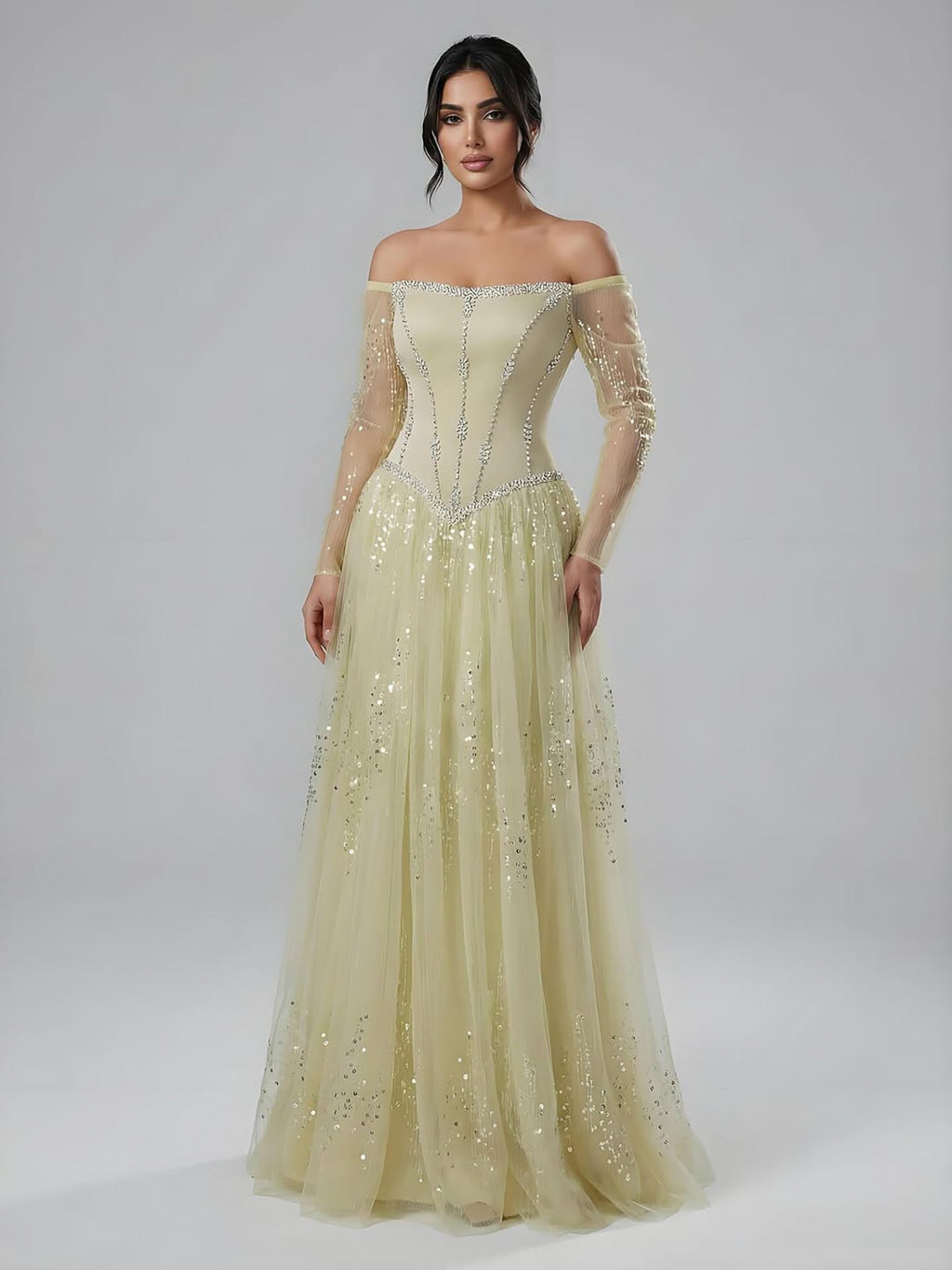 Schlichtes, arabisch-blaues, schulterfreies, langärmeliges A-Linien-Abendkleid mit Perlenbesatz für Mädchen, ideal für Abschlussball und Party (CLA73464)