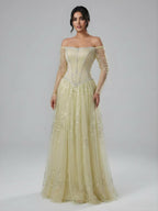 Schlichtes, arabisch-blaues, schulterfreies, langärmeliges A-Linien-Abendkleid mit Perlenbesatz für Mädchen, ideal für Abschlussball und Party (CLA73464)