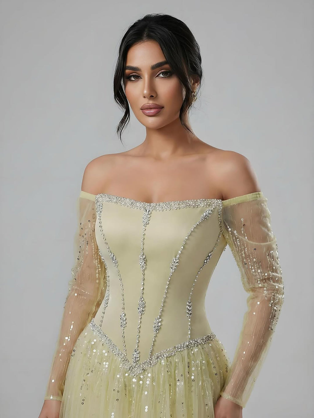 Schlichtes, arabisch-blaues, schulterfreies, langärmeliges A-Linien-Abendkleid mit Perlenbesatz für Mädchen, ideal für Abschlussball und Party (CLA73464)