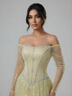 Schlichtes, arabisch-blaues, schulterfreies, langärmeliges A-Linien-Abendkleid mit Perlenbesatz für Mädchen, ideal für Abschlussball und Party (CLA73464)