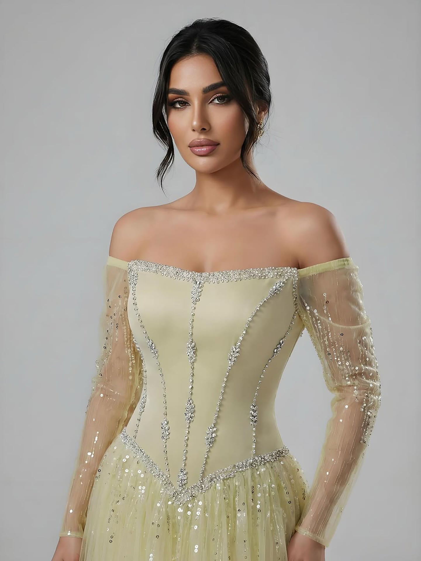 Schlichtes, arabisch-blaues, schulterfreies, langärmeliges A-Linien-Abendkleid mit Perlenbesatz für Mädchen, ideal für Abschlussball und Party (CLA73464)