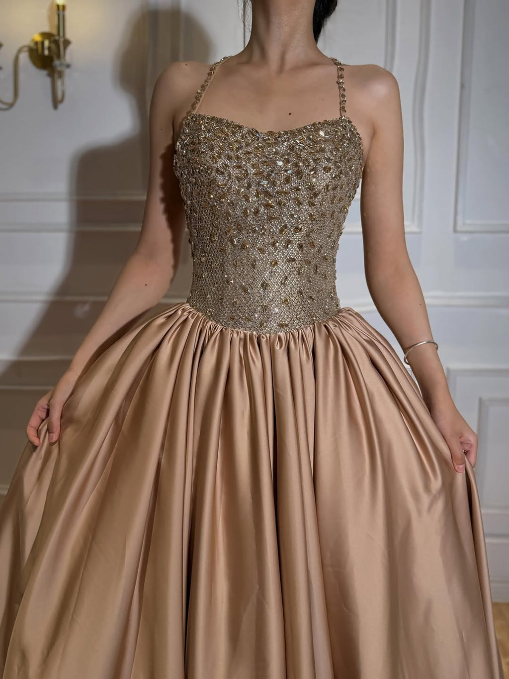Dubai Luxury Gold Diamond Halter Evening Dress Ball Gown CLA73441