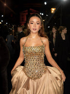Dubai Luxury Gold Diamond Halter Evening Dress Ball Gown CLA73441