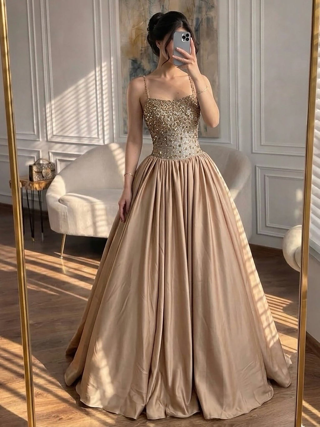 Dubai Luxury Gold Diamond Halter Evening Dress Ball Gown CLA73441