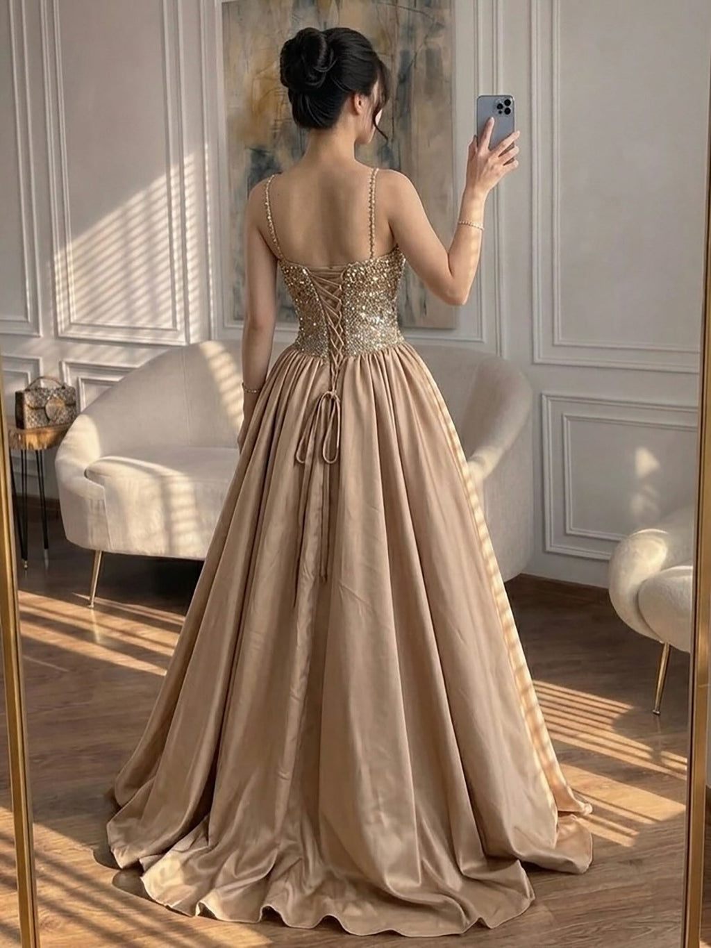 Dubai Luxury Gold Diamond Halter Evening Dress Ball Gown CLA73441