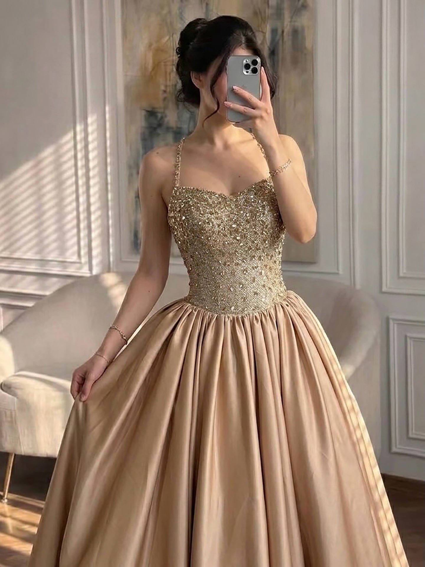 Dubai Luxury Gold Diamond Halter Evening Dress Ball Gown CLA73441