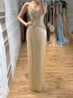 Arabic Luxury Beaded Tassels Mermaid Evening Dress Spaghetti Straps Women Party Gown CLA73446