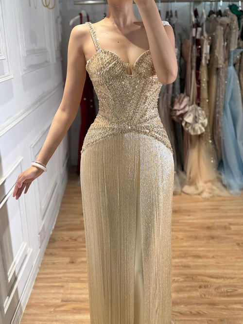 Arabic Luxury Beaded Tassels Mermaid Evening Dress Spaghetti Straps Women Party Gown CLA73446