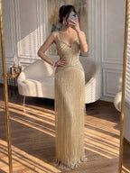 Arabic Luxury Beaded Tassels Mermaid Evening Dress Spaghetti Straps Women Party Gown CLA73446
