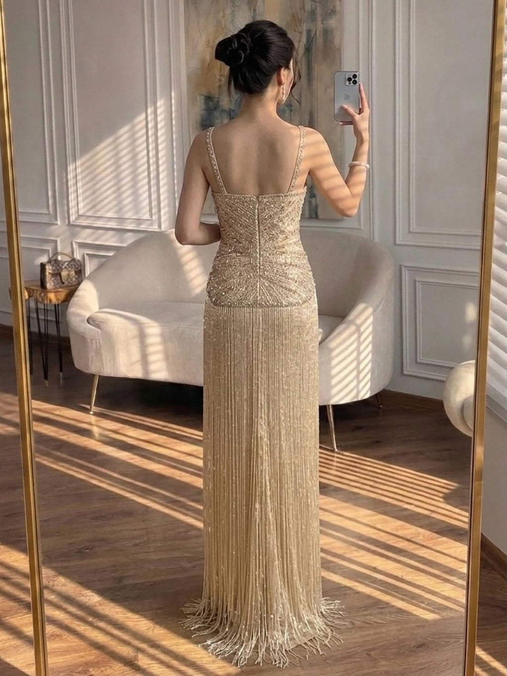 Arabic Luxury Beaded Tassels Mermaid Evening Dress Spaghetti Straps Women Party Gown CLA73446