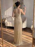 Arabic Luxury Beaded Tassels Mermaid Evening Dress Spaghetti Straps Women Party Gown CLA73446