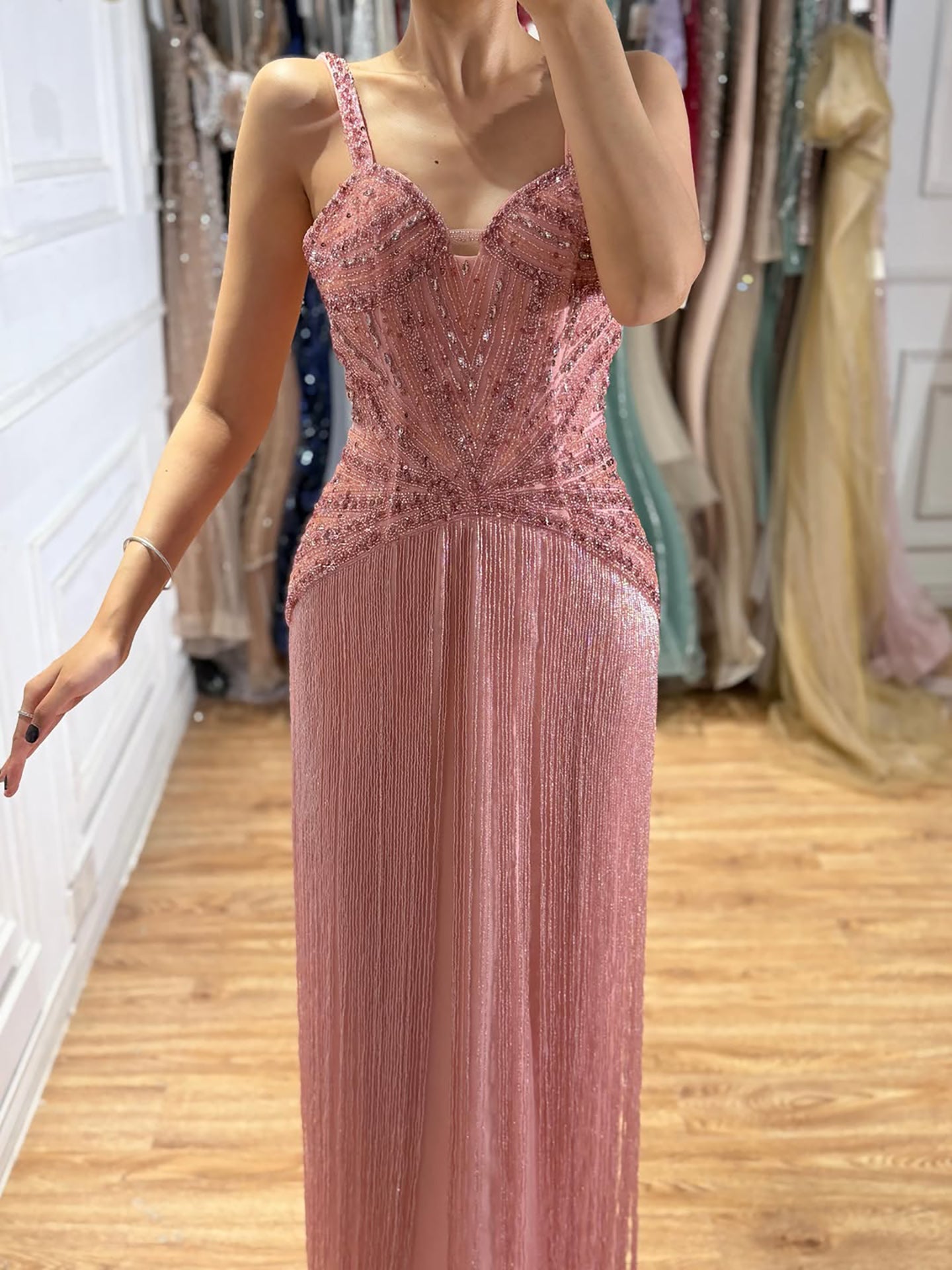 Arabic Luxury Beaded Tassels Mermaid Evening Dress Spaghetti Straps Women Party Gown CLA73446