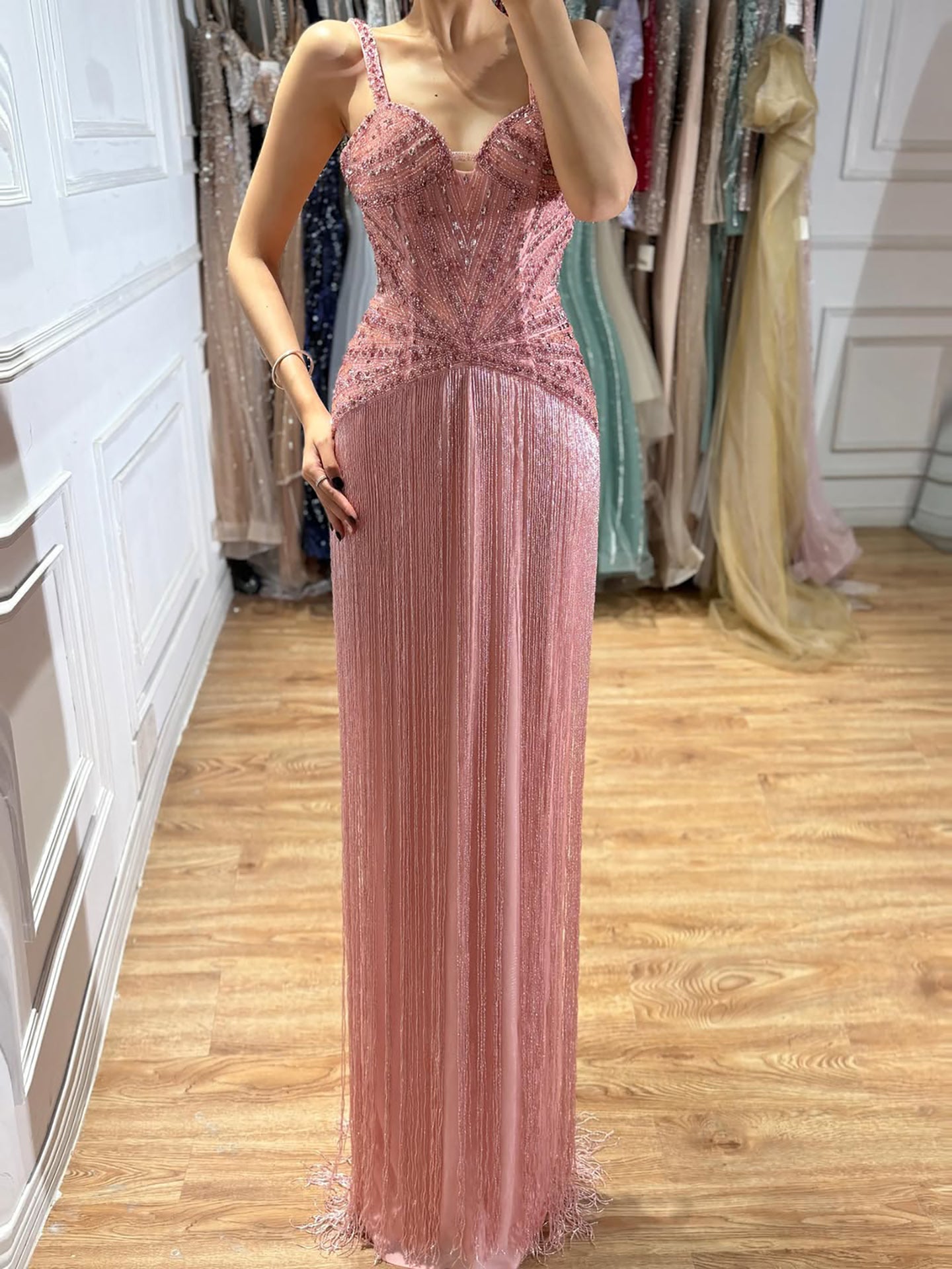 Arabic Luxury Beaded Tassels Mermaid Evening Dress Spaghetti Straps Women Party Gown CLA73446
