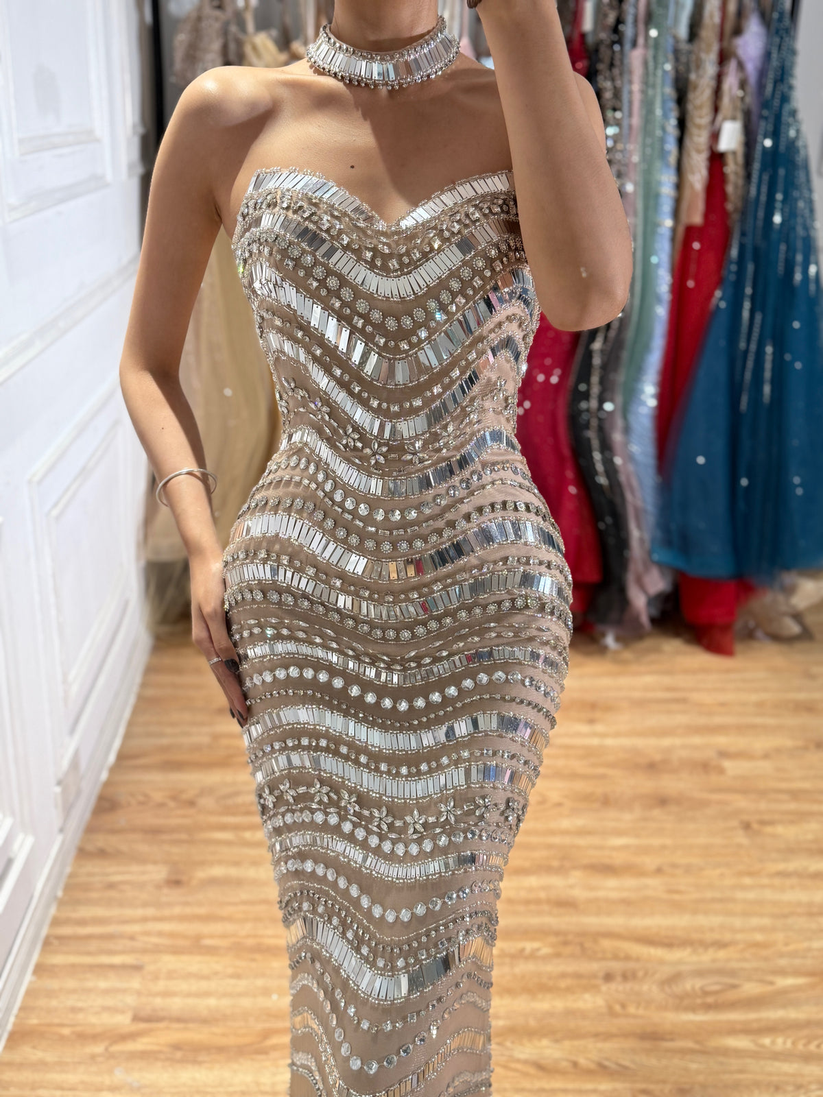 Kosovo Luxury Diamonds Full Beaded Mermaid Evening Dress Strapless Women Red Carpet Gown CLA73449