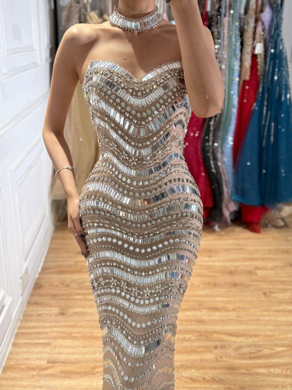 Kosovo Luxury Diamonds Full Beaded Mermaid Evening Dress Strapless Women Red Carpet Gown CLA73449