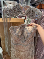 Luxury Nude Crystal Beaded Mermaid Evening Dress With Cape Tassel CLA73450A