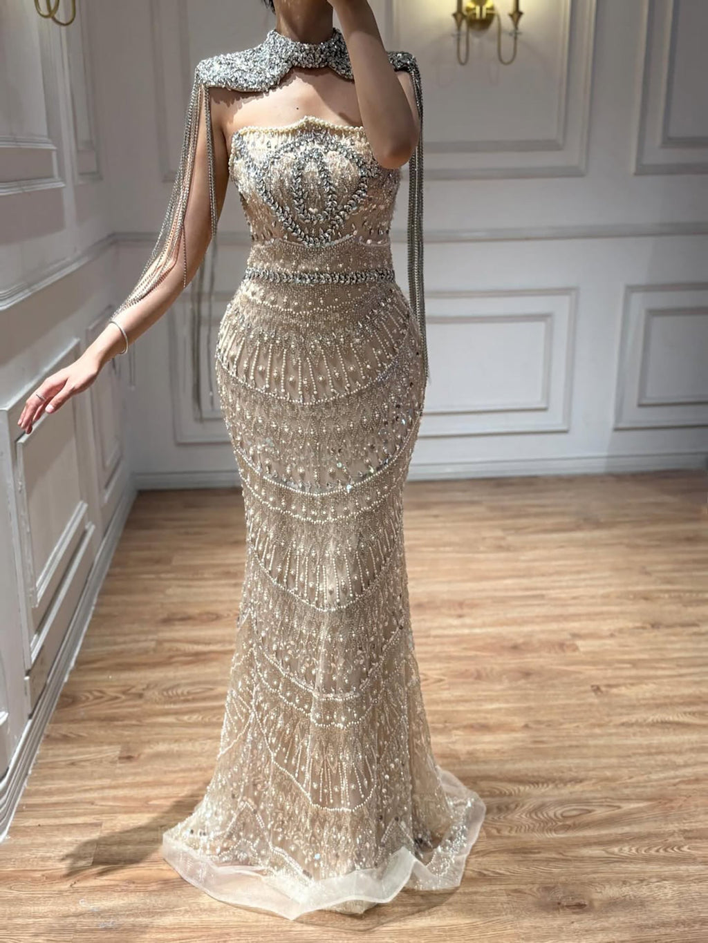Luxury Nude Crystal Beaded Mermaid Evening Dress With Cape Tassel CLA73450A