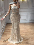Luxury Nude Crystal Beaded Mermaid Evening Dress With Cape Tassel CLA73450A