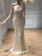 Luxury Nude Crystal Beaded Mermaid Evening Dress With Cape Tassel CLA73450A