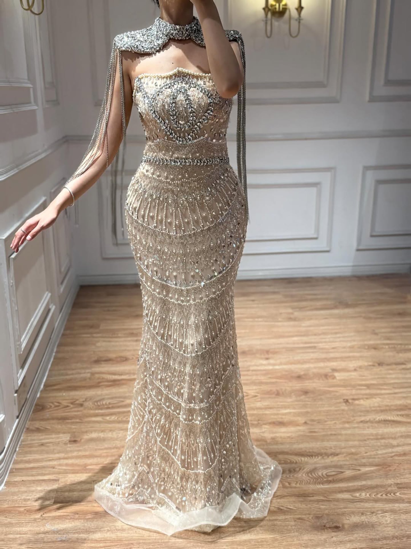 Luxury Nude Crystal Beaded Mermaid Evening Dress With Cape Tassel CLA73450A
