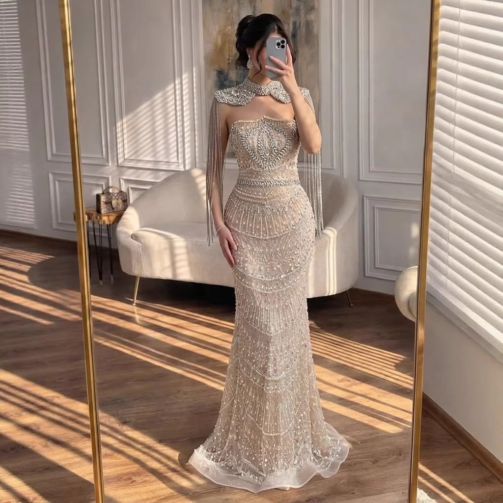 Luxury Nude Crystal Beaded Mermaid Evening Dress With Cape Tassel CLA73450A
