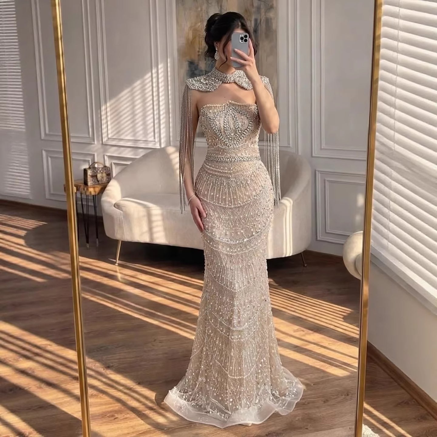 Luxury Nude Crystal Beaded Mermaid Evening Dress With Cape Tassel CLA73450A