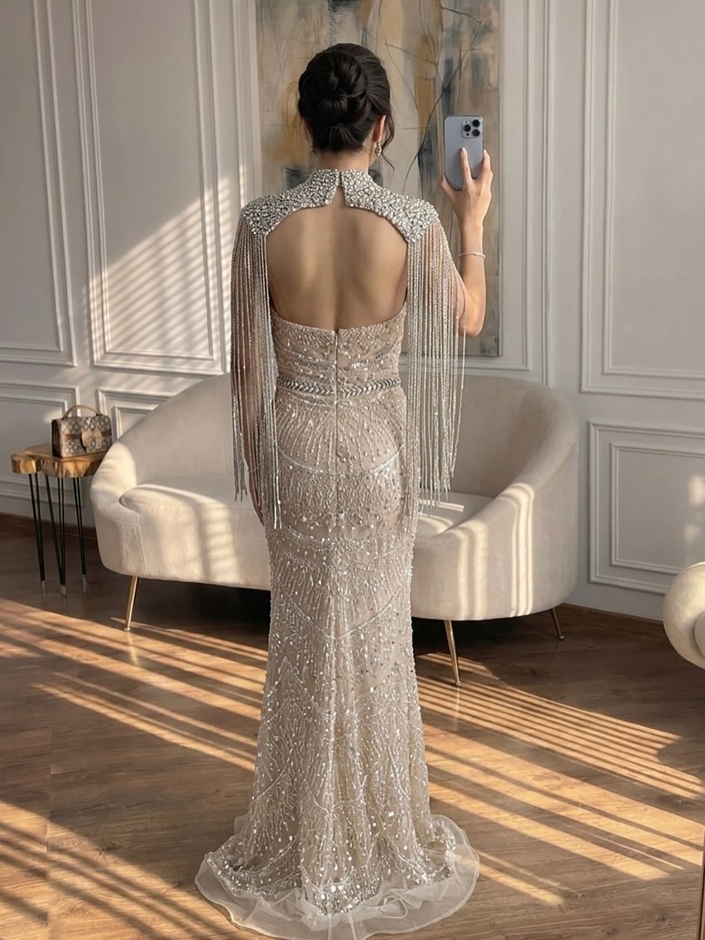 Luxury Nude Crystal Beaded Mermaid Evening Dress With Cape Tassel CLA73450A