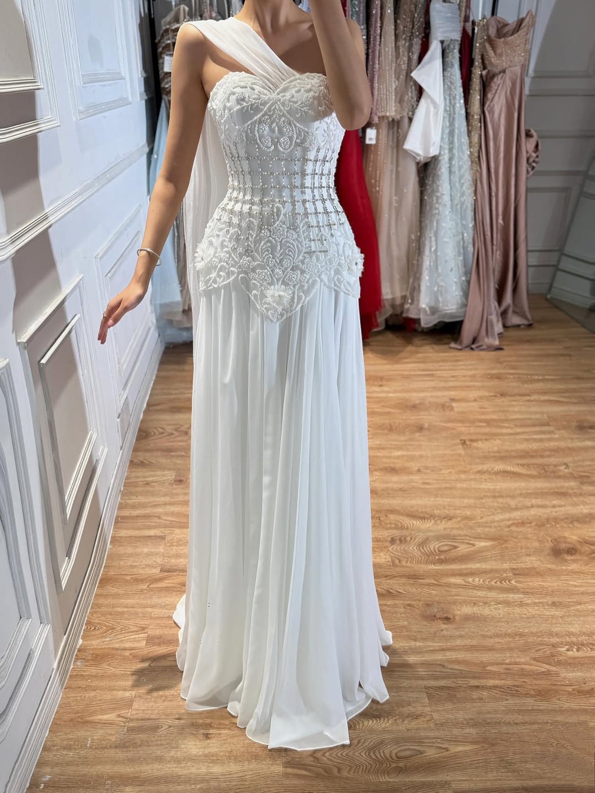 Arabic Pink Simple Style Floral Beaded Chiffon A-Line Evening Dress CLA73451