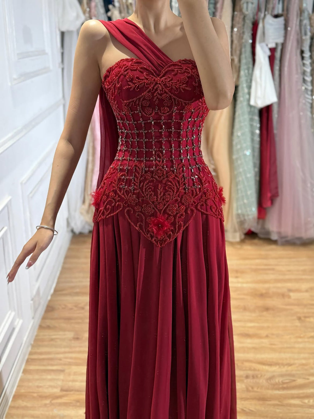 Arabic Pink Simple Style Floral Beaded Chiffon A-Line Evening Dress CLA73451
