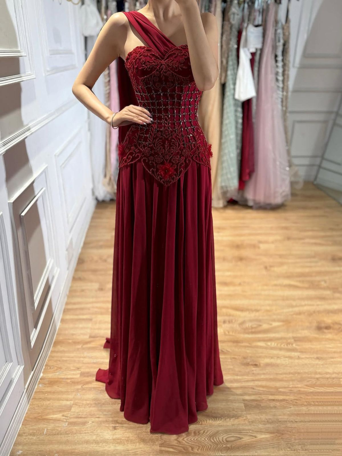 Arabic Pink Simple Style Floral Beaded Chiffon A-Line Evening Dress CLA73451