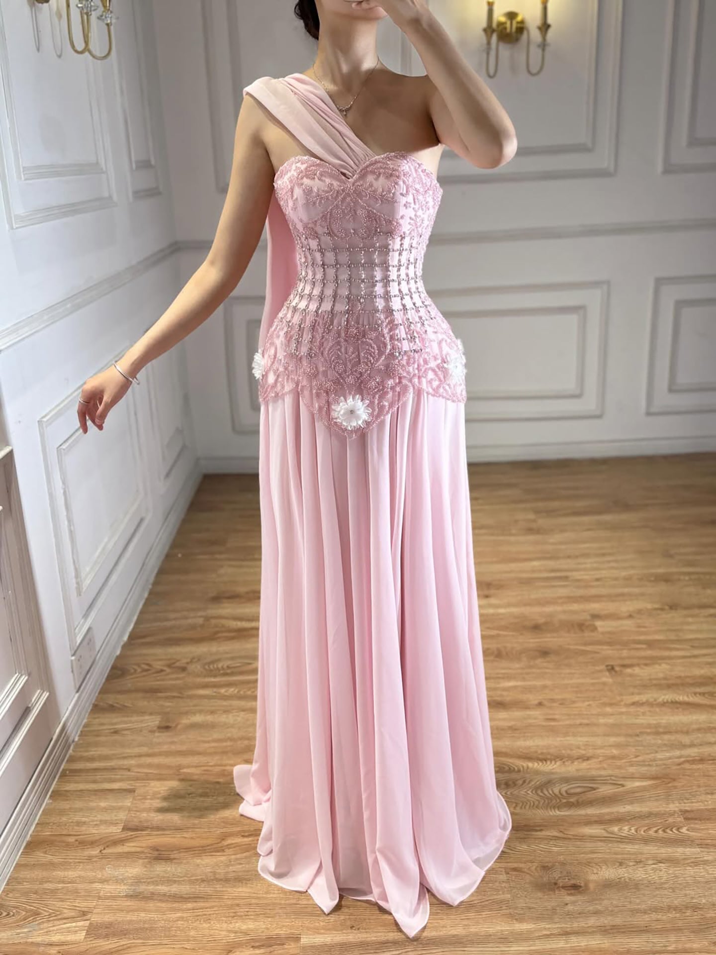 Arabic Pink Simple Style Floral Beaded Chiffon A-Line Evening Dress CLA73451