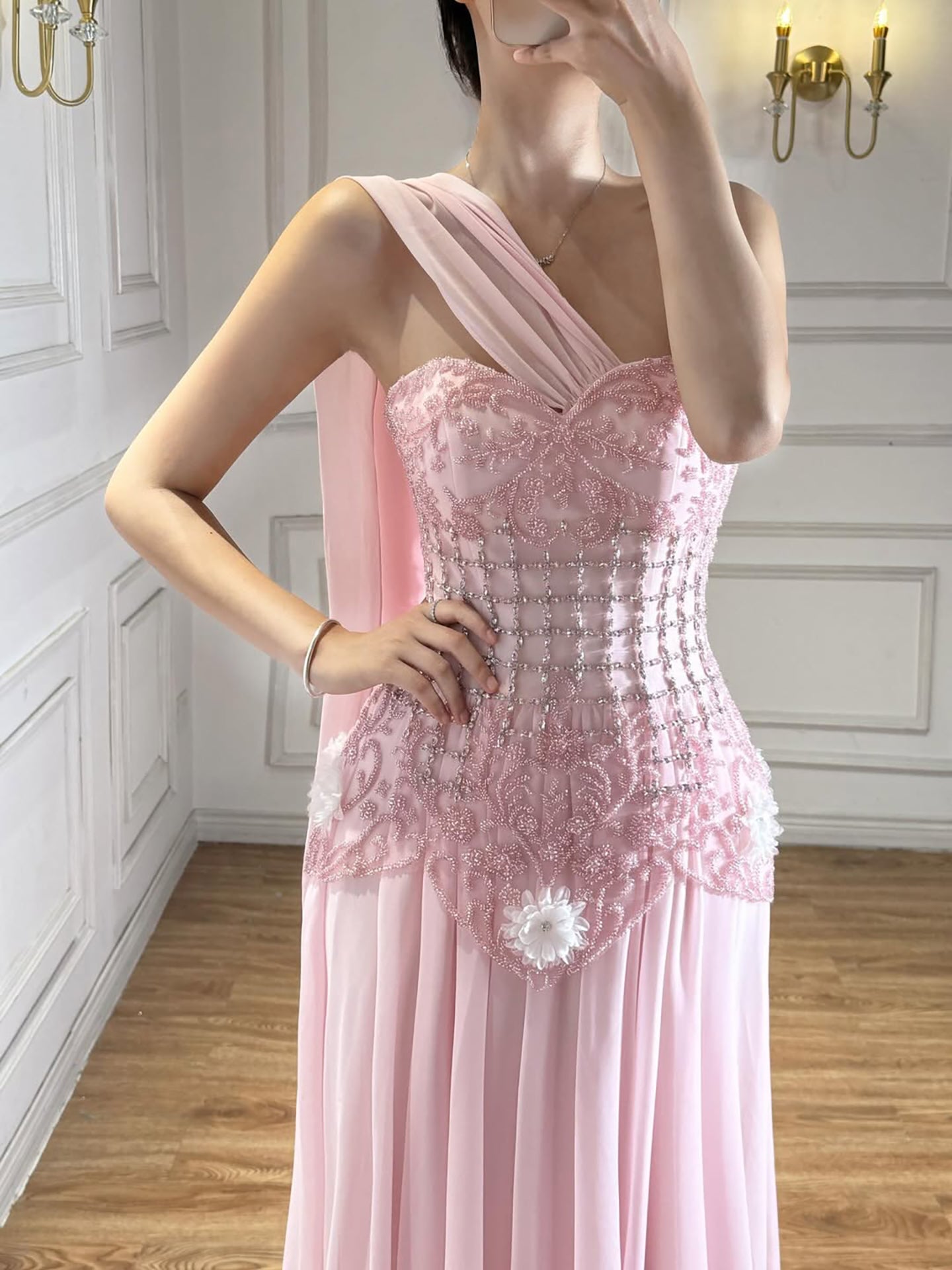 Arabic Pink Simple Style Floral Beaded Chiffon A-Line Evening Dress CLA73451