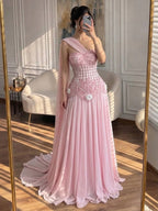 Arabic Pink Simple Style Chiffon Evening Dress CLA73451